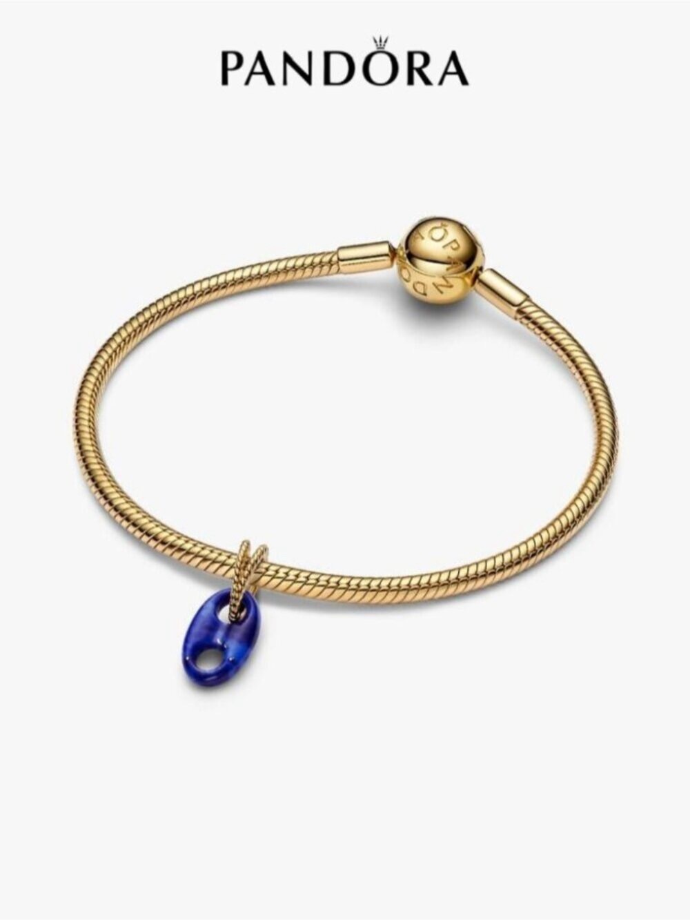 Pandora Gold Snake Chain Bracelet with Blue Glass Drop Charm